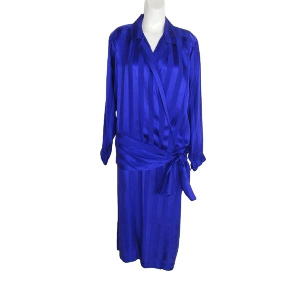 LIZ CLAIBORNE Silk Dress, 12 Blue-PURPLE Jaquard Stripes, Drop Waist - Picture 8 of 11